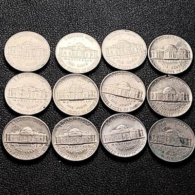 泉币菌-第206场-拍品多 请提前出价 12枚一组 美国 杰斐逊纪念币镍币 混合年份未挑