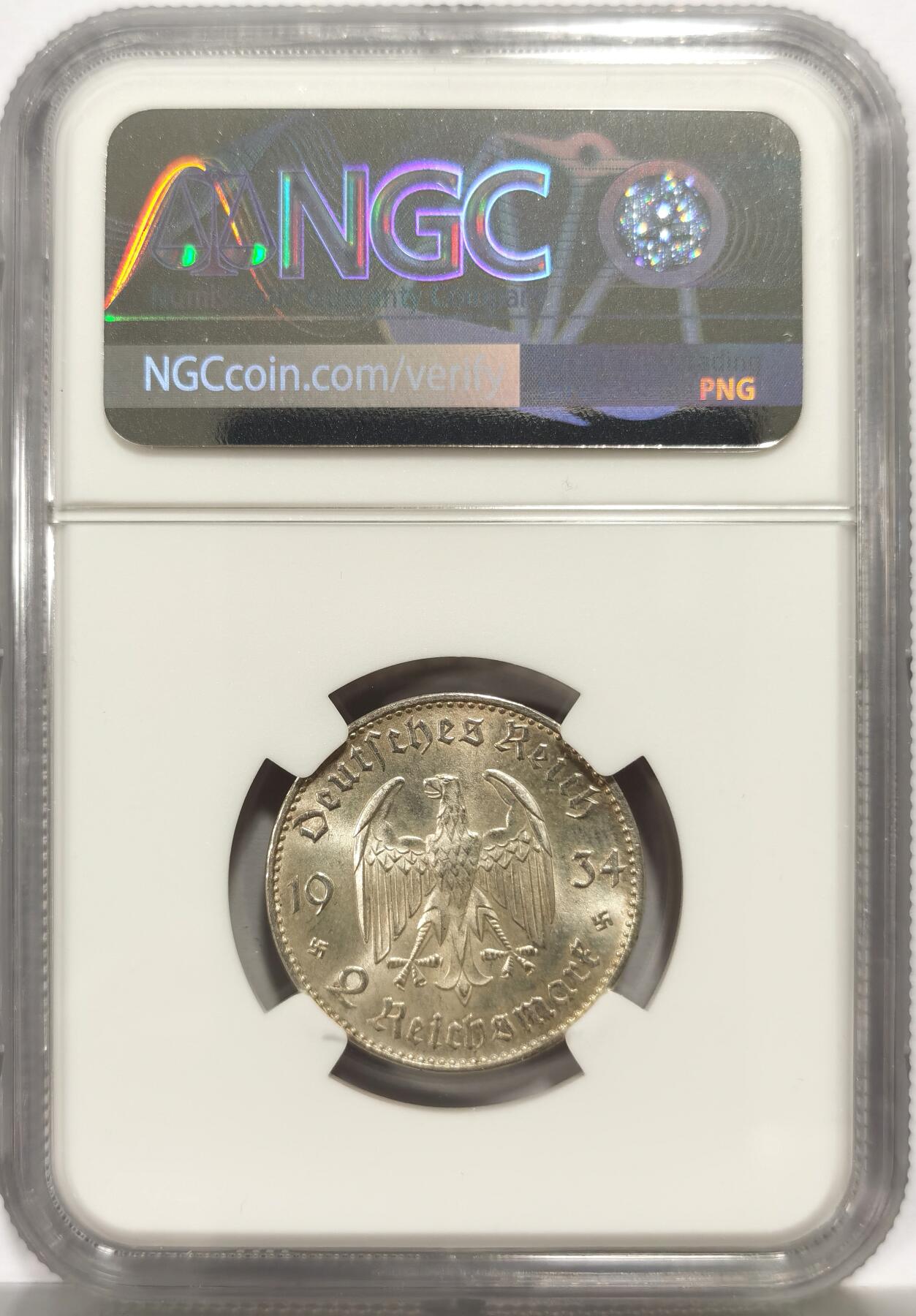 博洋堂世界钱币拍卖第164期（全场包邮） NGC MS63 德国第三帝国1934年F版加字教堂2马克银币