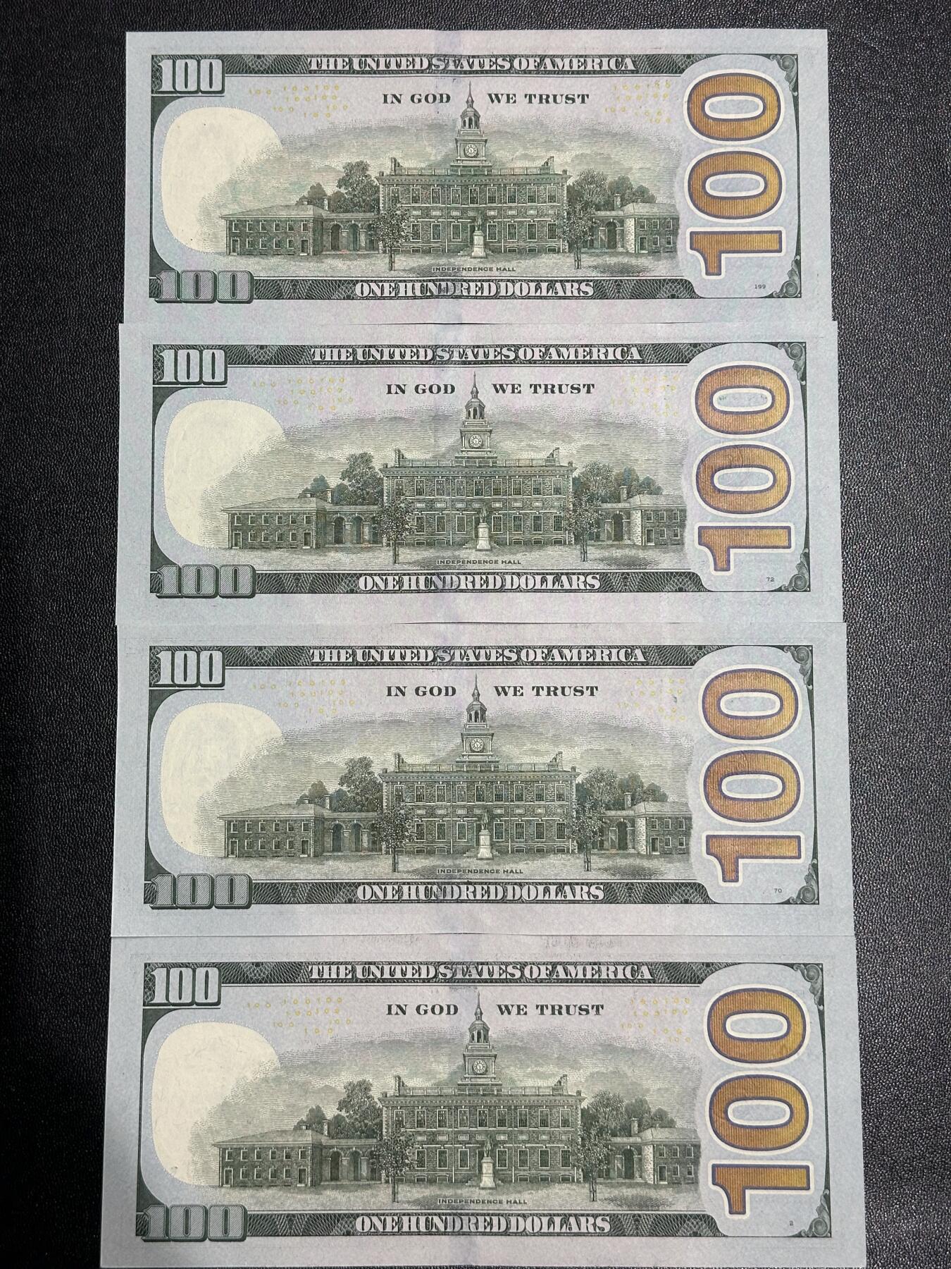 《外钞收藏家》第六百一十六期（精品场）（长期征集拍品、欢迎藏友们联系合作） 2017和21年美国彩版100美元 四张一起 全新 其中一张角不绝