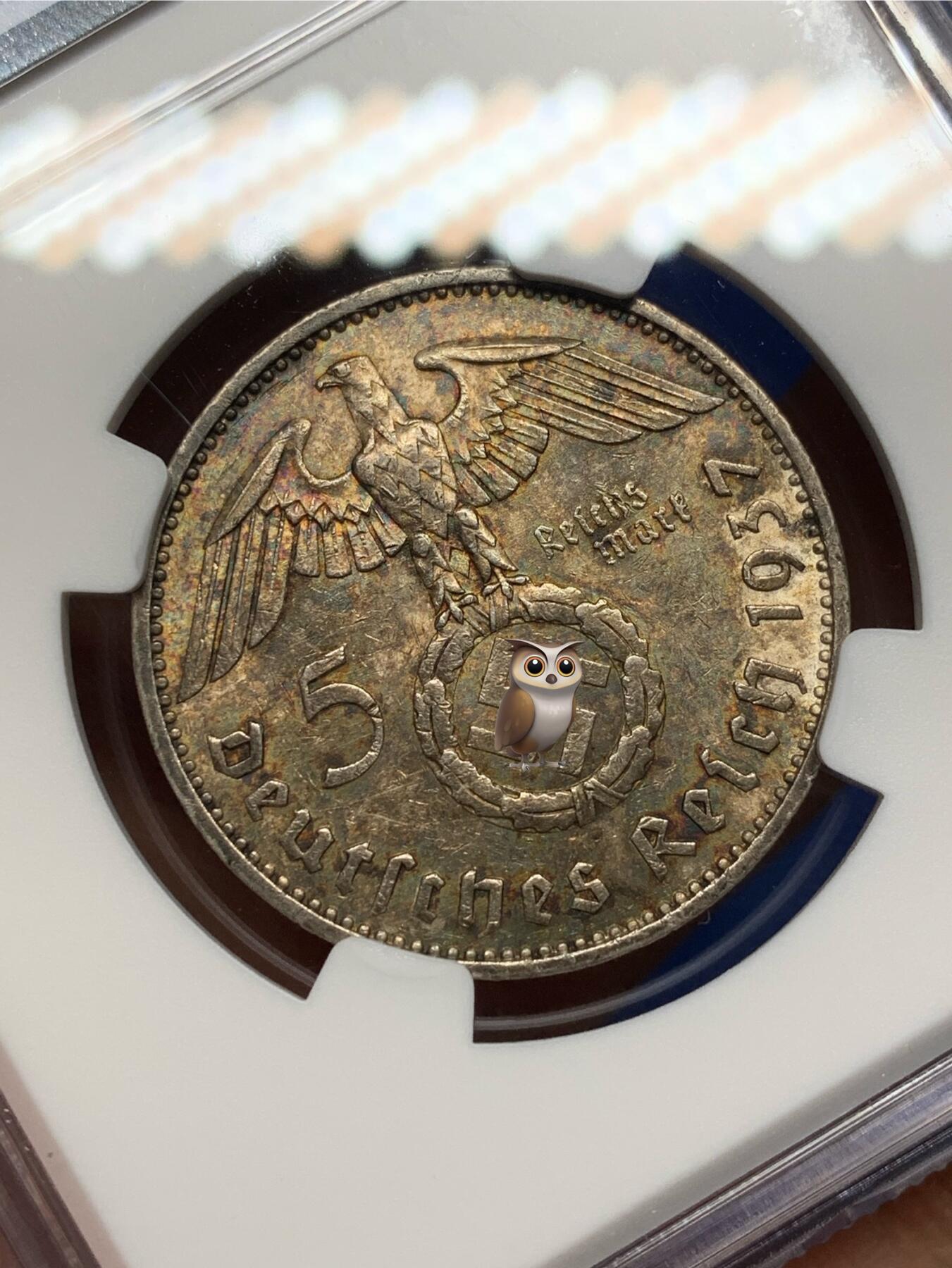 《竞宝斋》第469场 周日，周一 2场连拍 （全场包邮）欢迎送拍 NGC MS61 德国兴登堡1937E带风车5马克银币，热门品种，五彩包浆状态好，尤其背面包浆极美