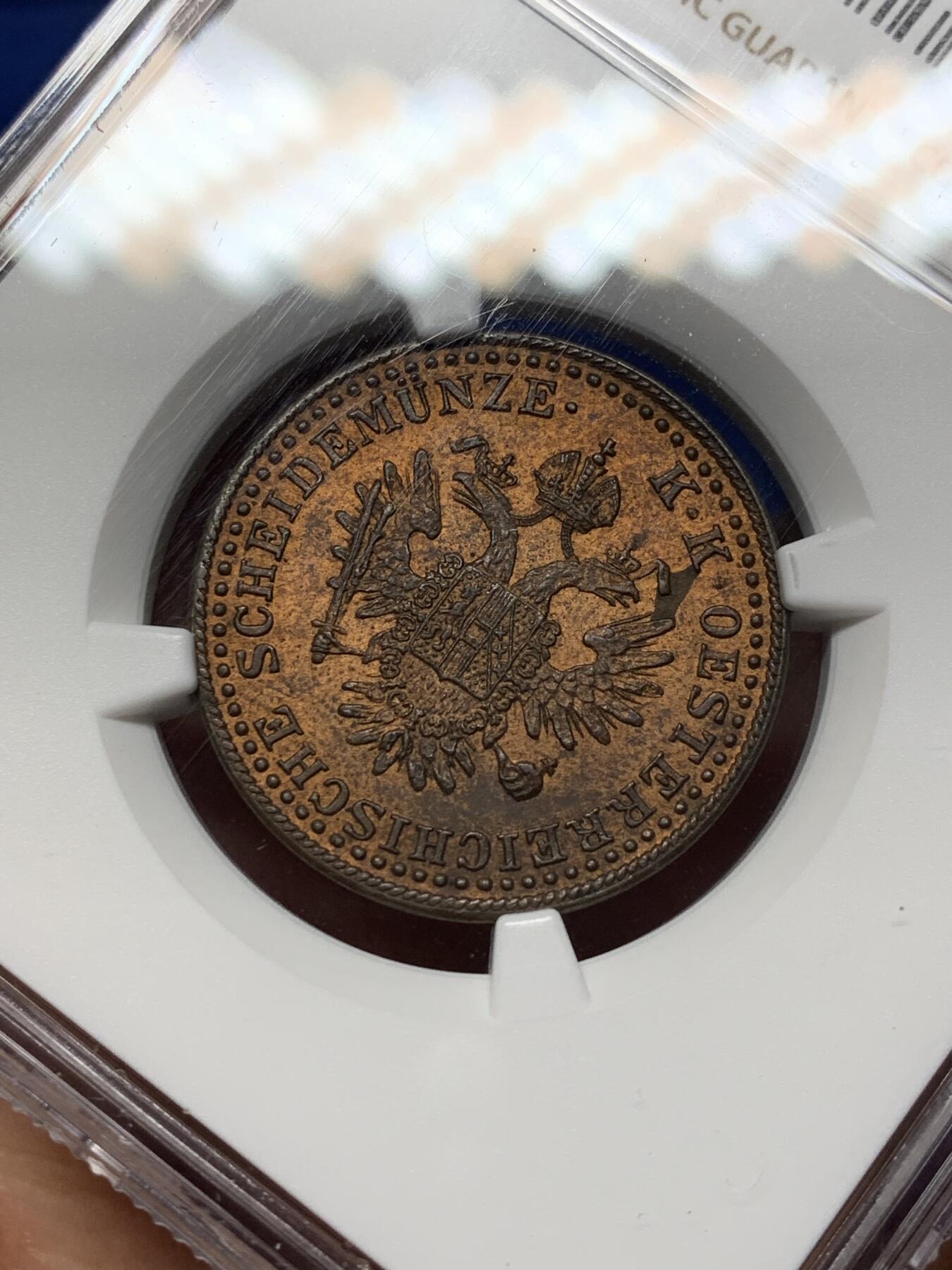 《竞宝斋》第469场 周日，周一 2场连拍 （全场包邮）欢迎送拍 NGC MS62BN 奥地利 1851年 2克鲁泽铜币