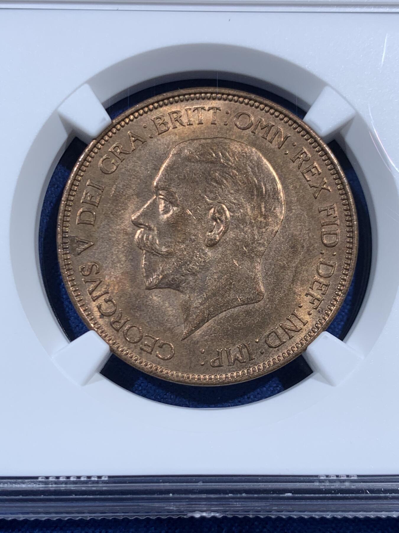 《竞宝斋》第469场 周日，周一 2场连拍 （全场包邮）欢迎送拍 NGC MS64RB 英国1936年乔五1便士 英系经典品种 背面为不列颠女神形象 细节光度都不错