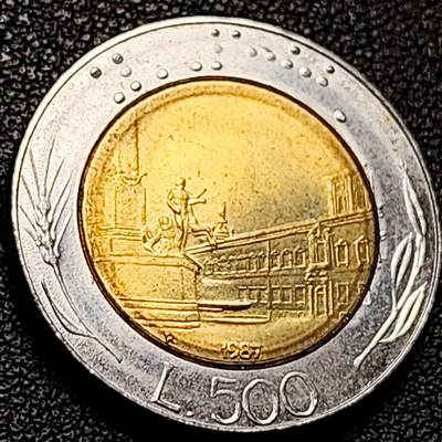 泉币菌-第206场-拍品多 请提前出价 意大利1987年 500里拉 罗马建筑雕像 中等头像版 双色币 25.8mm 