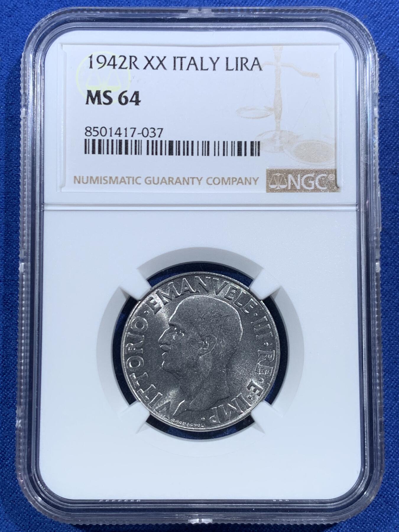 《竞宝斋》第469场 周日，周一 2场连拍 （全场包邮）欢迎送拍 NGC MS64 意大利1942年1里拉