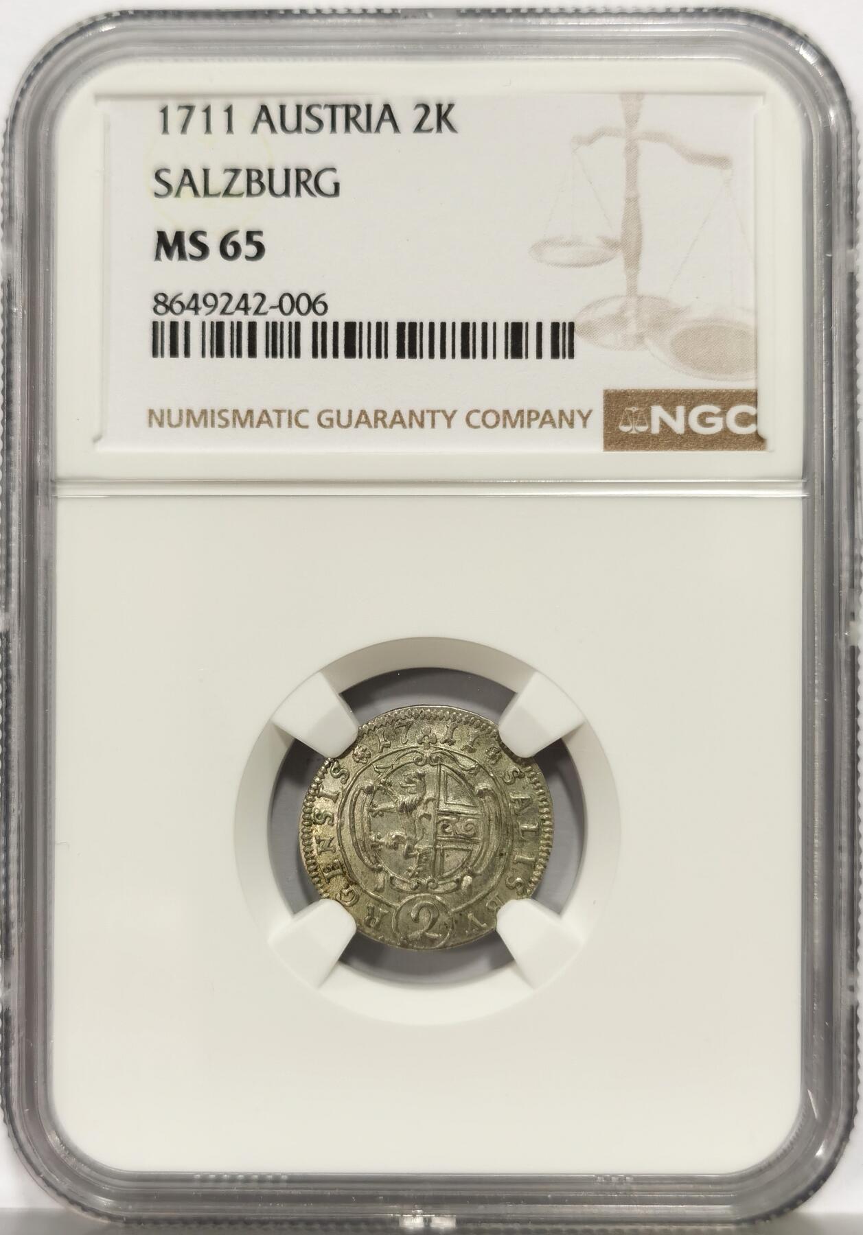 博洋堂世界钱币拍卖第164期（全场包邮） NGC MS65 神罗奥地利萨尔茨堡1711年2克鲁泽银币，稀见品种，仅有2枚更高分