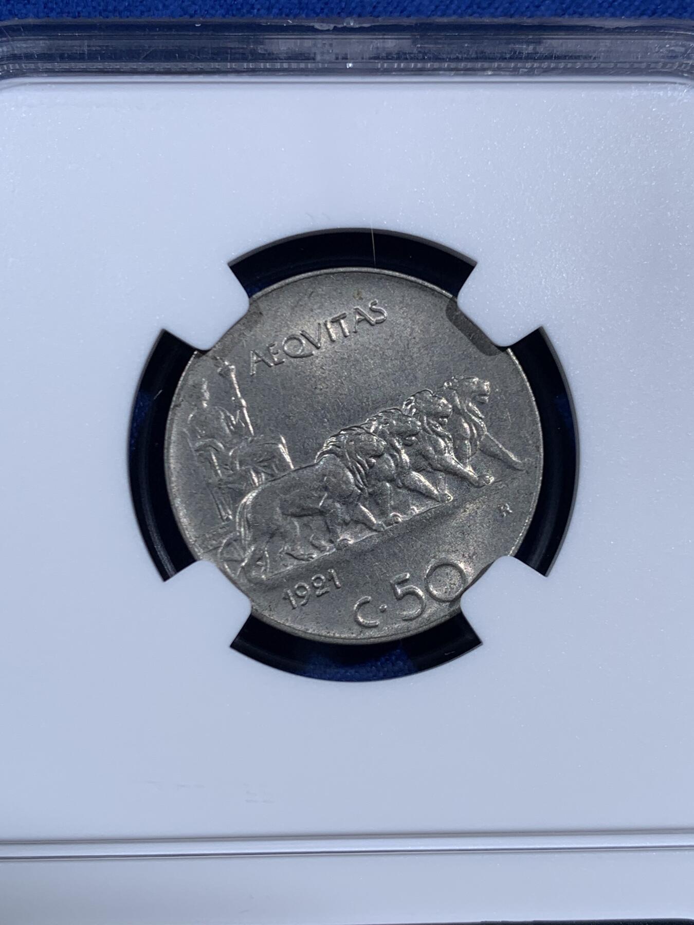 《竞宝斋》第469场 周日，周一 2场连拍 （全场包邮）欢迎送拍 NGC MS61 意大利1921年四狮子拉马车50分