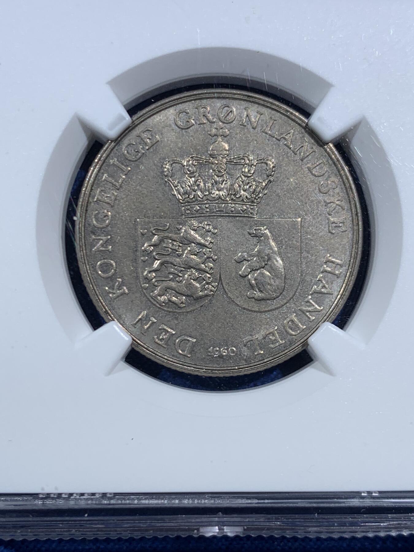 《竞宝斋》第469场 周日，周一 2场连拍 （全场包邮）欢迎送拍 NGC MS63 丹属格陵兰1960年1克朗