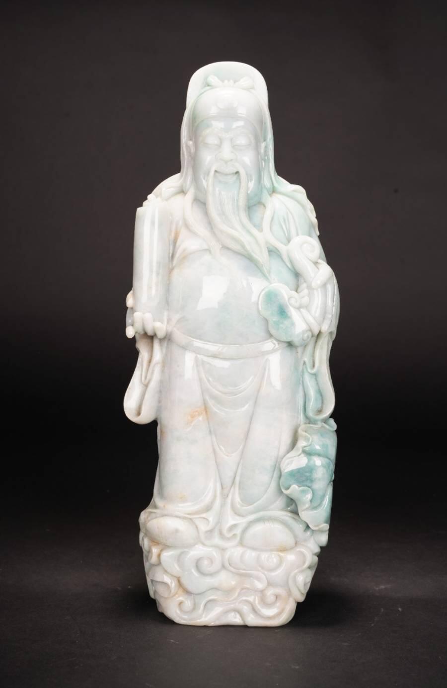 上海都达杂项专场四十九【全场包邮】  天然老坑冰糯种翡翠（A）货整料精雕超大尊《三星拱照 吉祥如意》福禄寿摆件连黑檀木佛龛