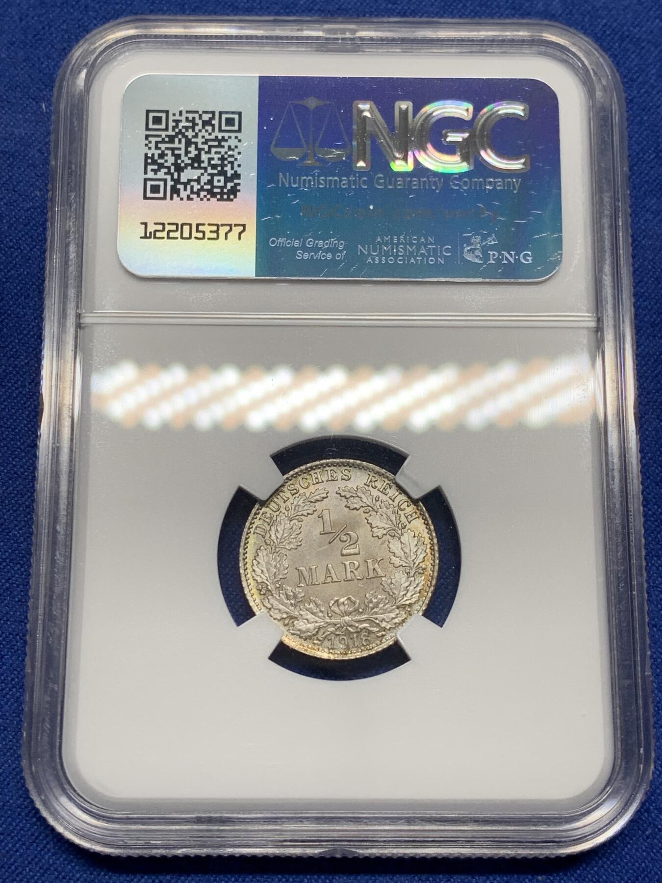 《竞宝斋》第469场 周日，周一 2场连拍 （全场包邮）欢迎送拍 NGC MS66 德国1918年1/2马克银币，五彩包浆，状态极佳，高分藏品