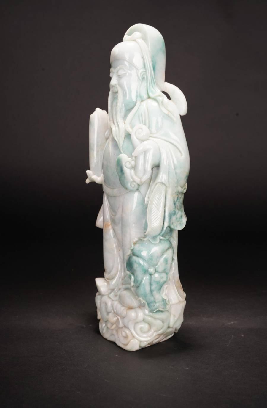 上海都达杂项专场四十九【全场包邮】  天然老坑冰糯种翡翠（A）货整料精雕超大尊《三星拱照 吉祥如意》福禄寿摆件连黑檀木佛龛