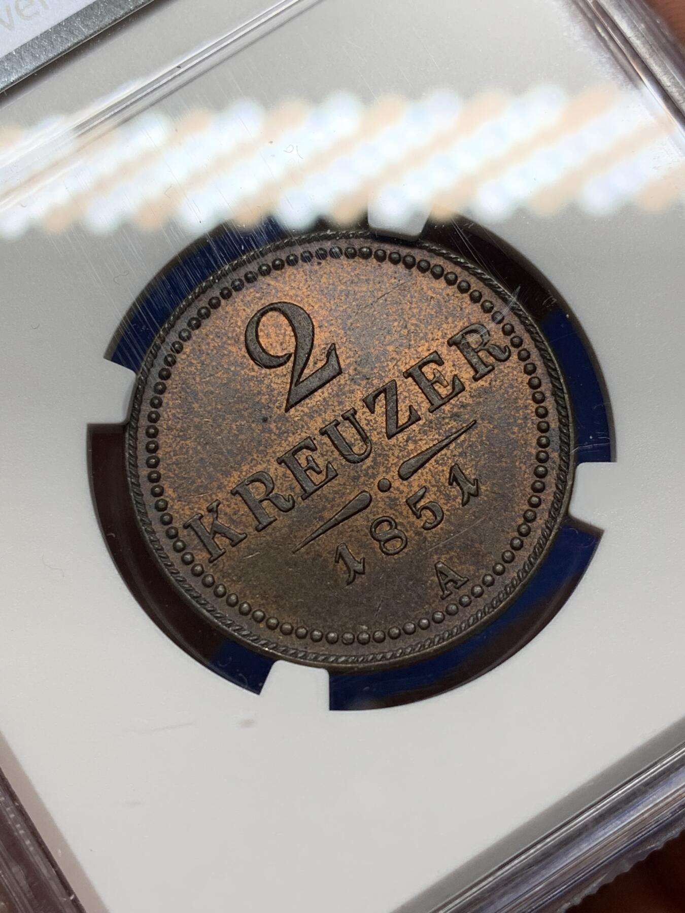 《竞宝斋》第469场 周日，周一 2场连拍 （全场包邮）欢迎送拍 NGC MS62BN 奥地利 1851年 2克鲁泽铜币