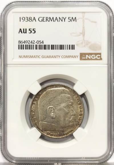 博洋堂世界钱币拍卖第164期（全场包邮） - NGC AU55 德国第三帝国1938年A版兴登堡带字5马克银币