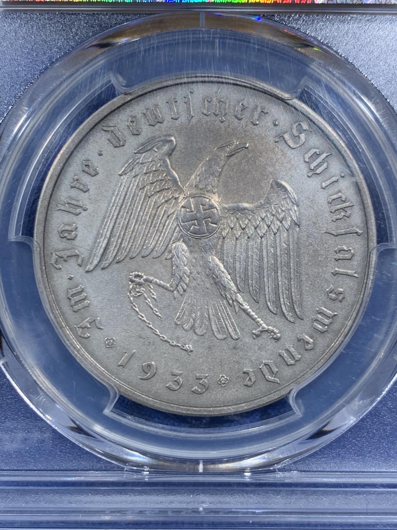 《竞宝斋》第469场 周日，周一 2场连拍 （全场包邮）欢迎送拍 PCGS UNCD 1933年德国民族社会主义工人党 党魁当选帝国总理纪念银章 名誉品种 有渠道可以送美国总部养护+重评，出分有望。