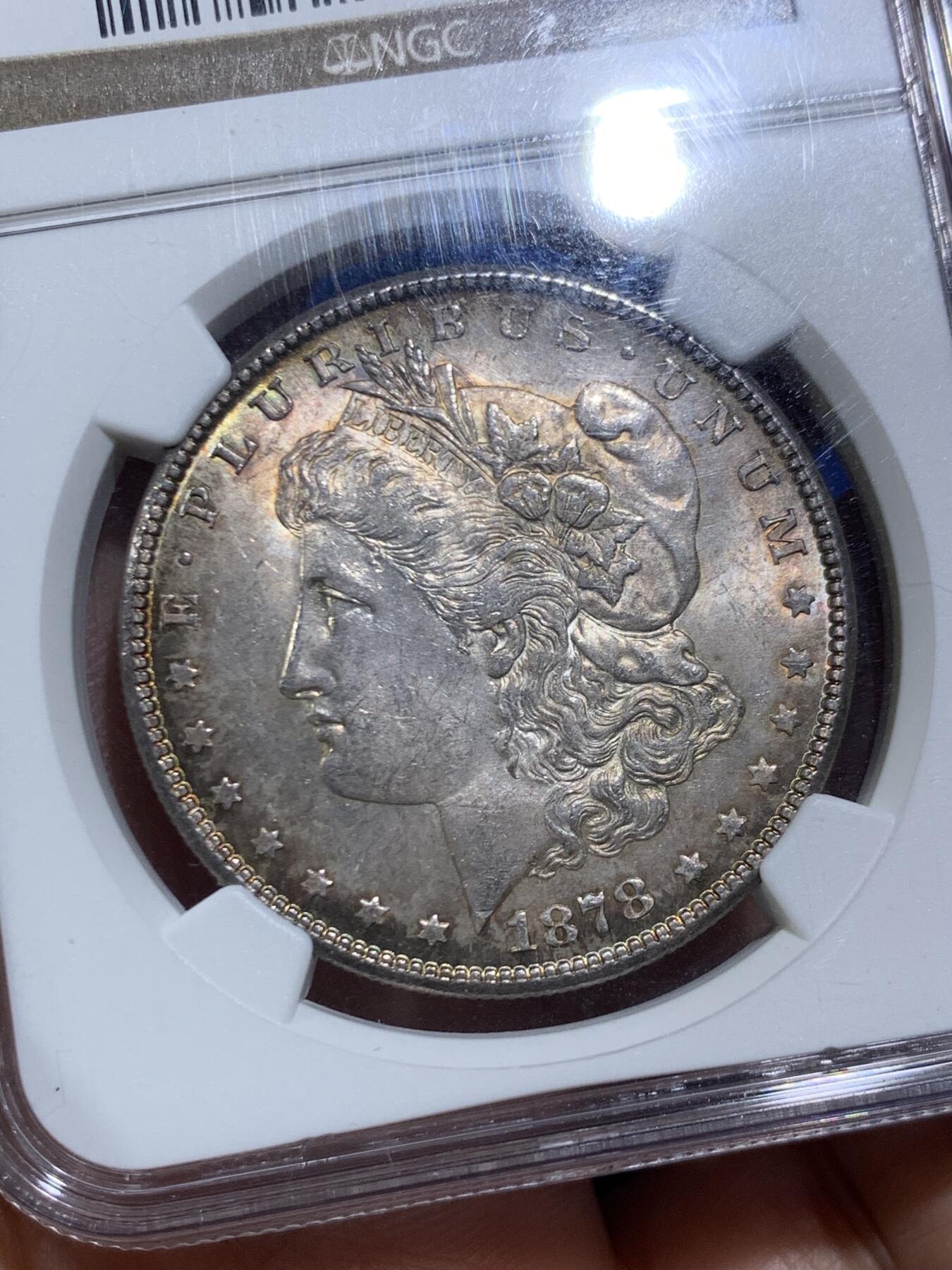 《竞宝斋》第469场 周日，周一 2场连拍 （全场包邮）欢迎送拍 NGC MS63 美国1878年摩根银币 首年白币常见，如此好彩比较难得，值得入藏