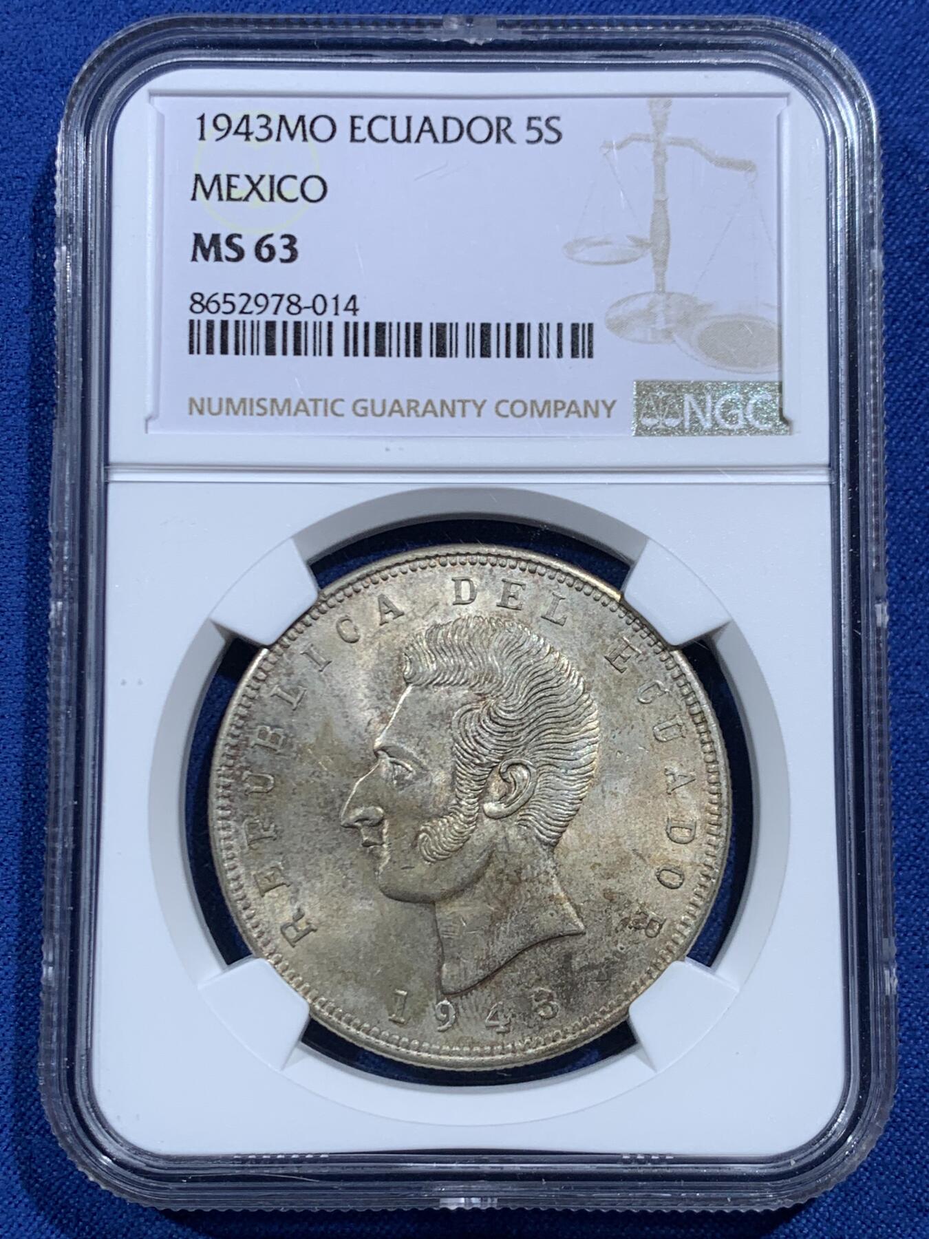 《竞宝斋》第469场 周日，周一 2场连拍 （全场包邮）欢迎送拍 NGC MS63 厄瓜多尔1943年5苏克雷大银币，包浆与转光都很不错 仅发行两个年份