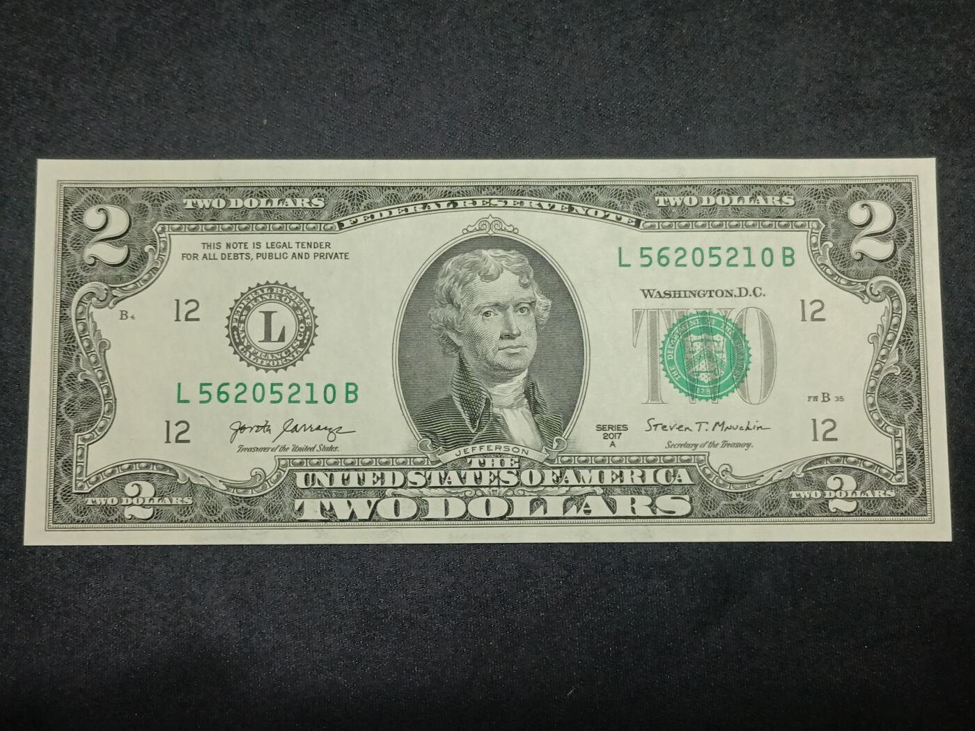 【游宝拍卖】丙午马年第10期 美国-2美元【SERIES-2017A L56205210B 全新UNC】