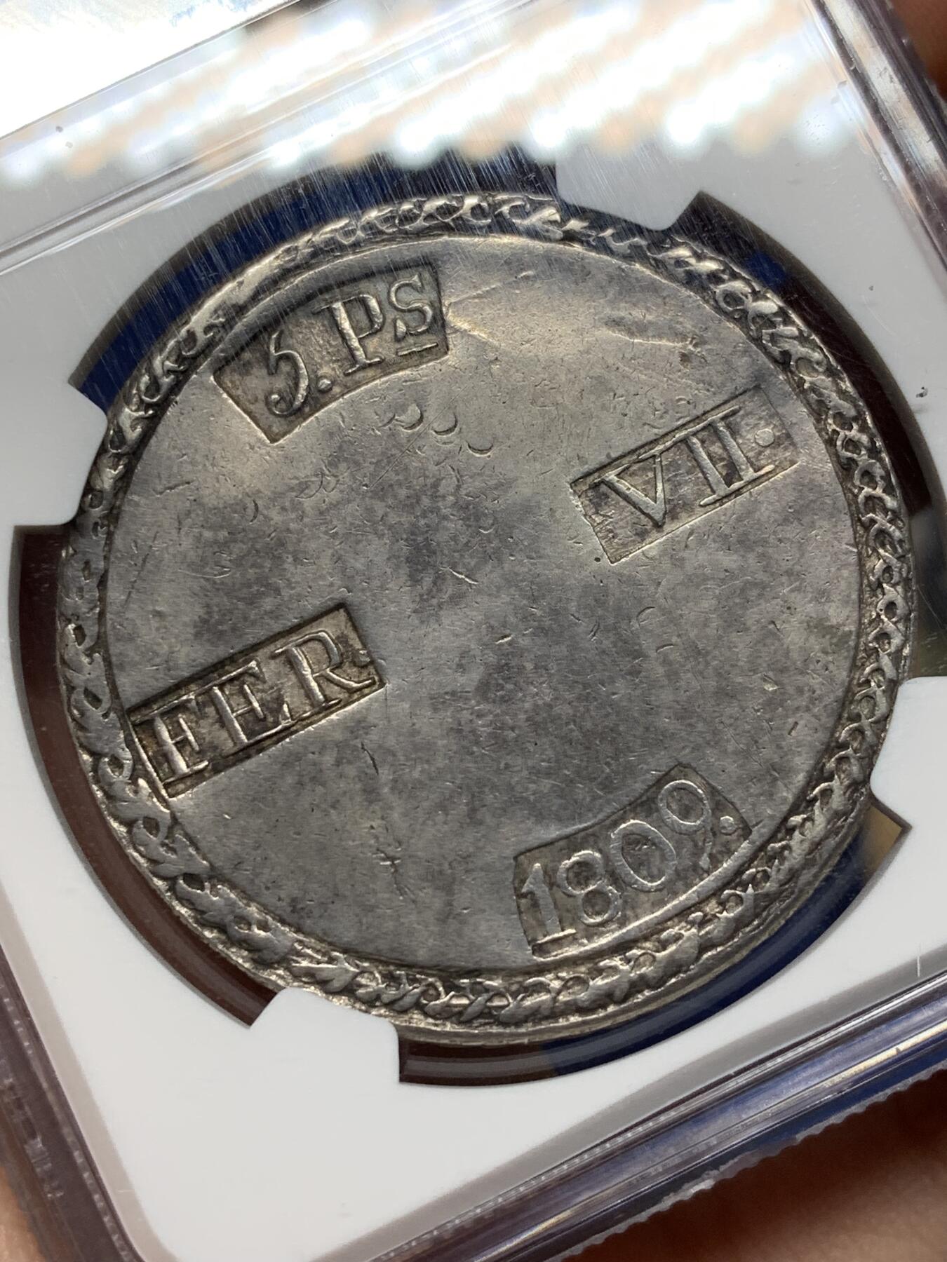 《竞宝斋》第469场 周日，周一 2场连拍 （全场包邮）欢迎送拍 NGC XF 西班牙 1809年 塔拉戈纳围城 5P大银币 深打好品