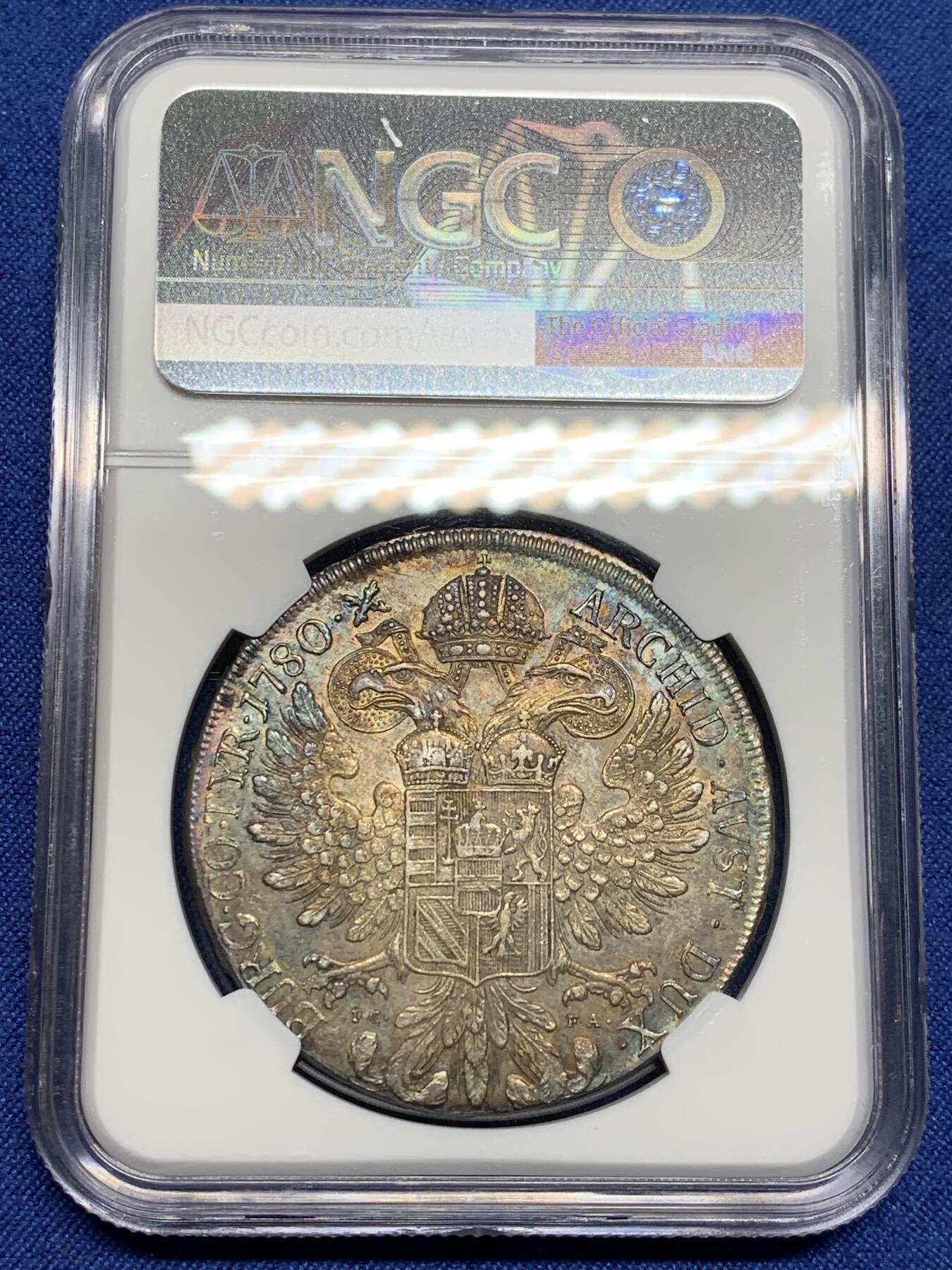 《竞宝斋》第469场 周日，周一 2场连拍 （全场包邮）欢迎送拍 NGC AU55 奥地利 1780年 原铸玛利亚特蕾莎大奶妈泰勒大银币 维也纳版 正面环彩 背面蓝五彩包浆 历史感厚重