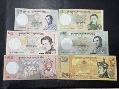 《外钞收藏家》第六百一十六期（精品场）（长期征集拍品、欢迎藏友们联系合作） - 不丹10-1000努尔特鲁姆 六张一起 全新UNC 尾830