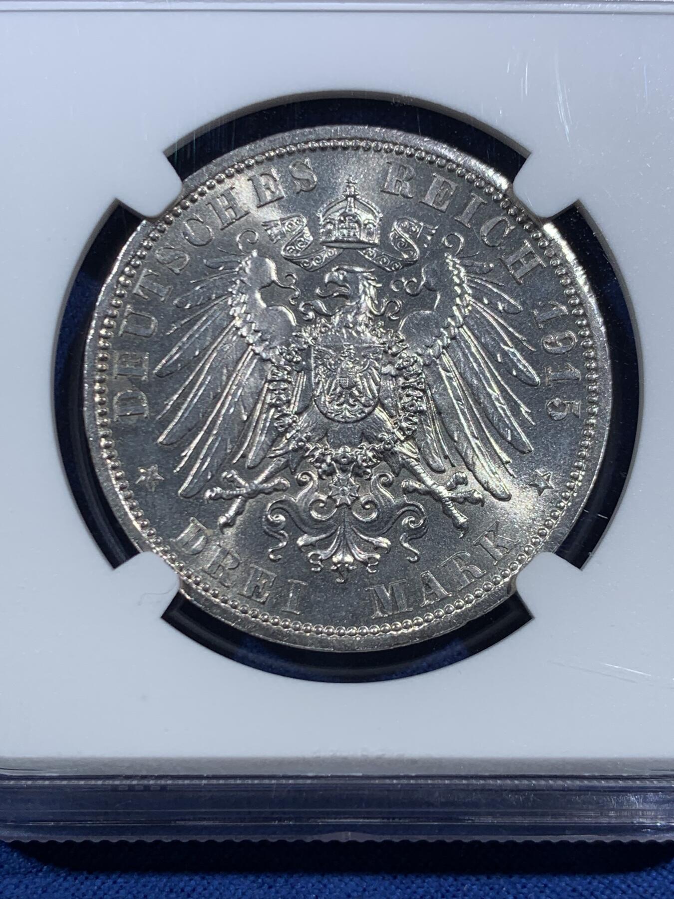 《竞宝斋》第469场 周日，周一 2场连拍 （全场包邮）欢迎送拍 NGC MS63 德国 布伦瑞克公国 1915A 公爵恩斯特.奥古斯特结婚纪念3马克银币