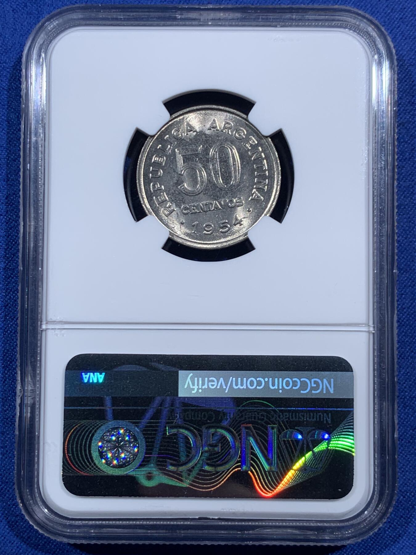 《竞宝斋》第469场 周日，周一 2场连拍 （全场包邮）欢迎送拍 NGC MS64 阿根廷1954年50分镍币，不多见面值，少见年份，唯一的冠军分