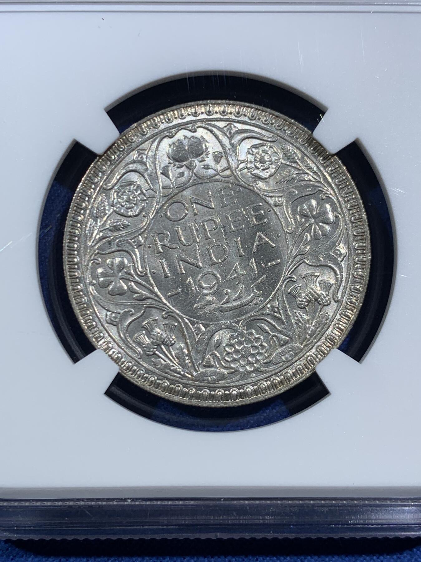 《竞宝斋》第469场 周日，周一 2场连拍 （全场包邮）欢迎送拍 NGC MS62 印度1941孟买厂乔治六世1卢比银币，近期热门品种，状态不错