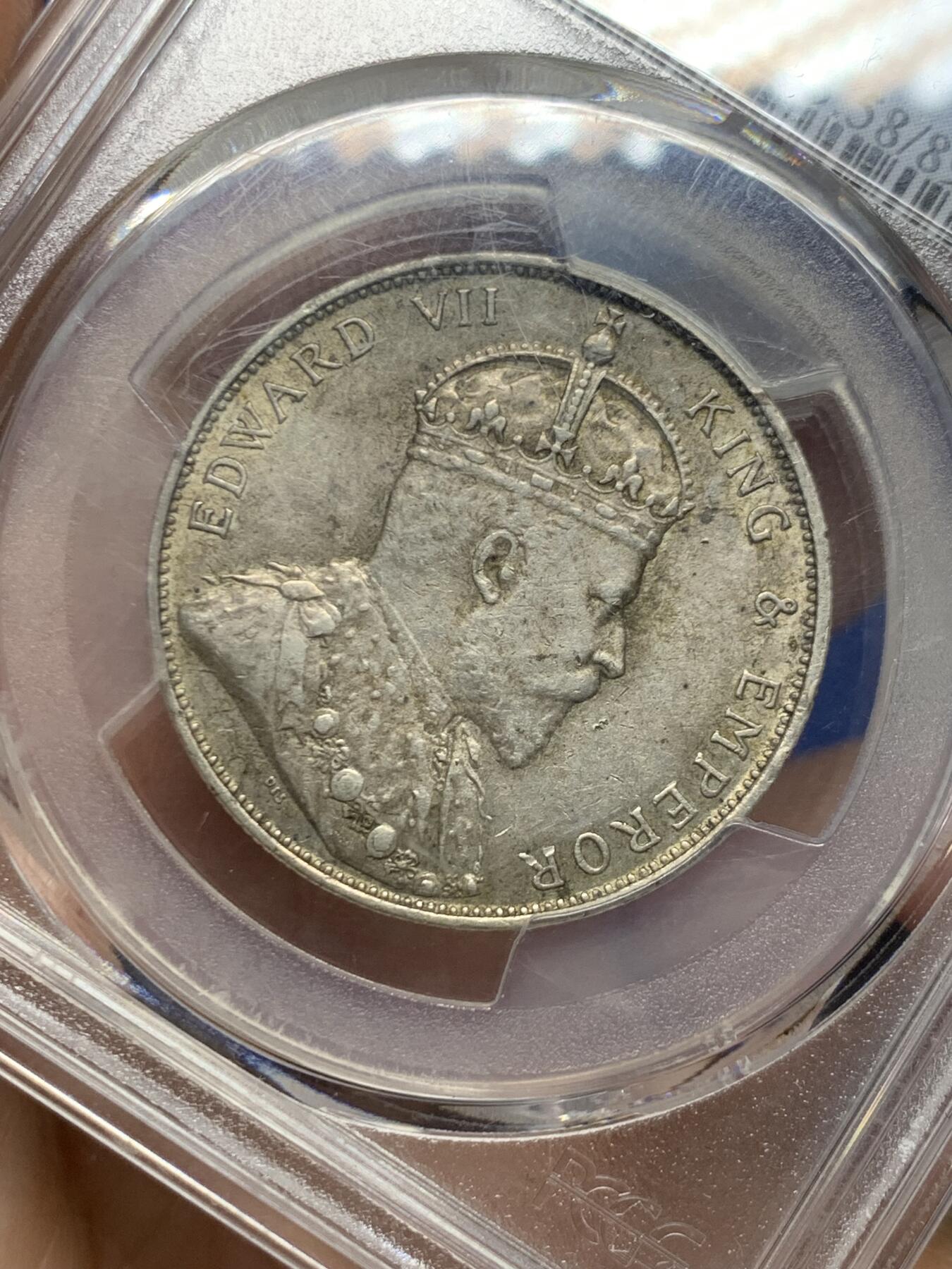 《竞宝斋》第469场 周日，周一 2场连拍 （全场包邮）欢迎送拍 PCGS AU58 香港1905年爱德华七世半圆银币 百年自然包浆味道极好