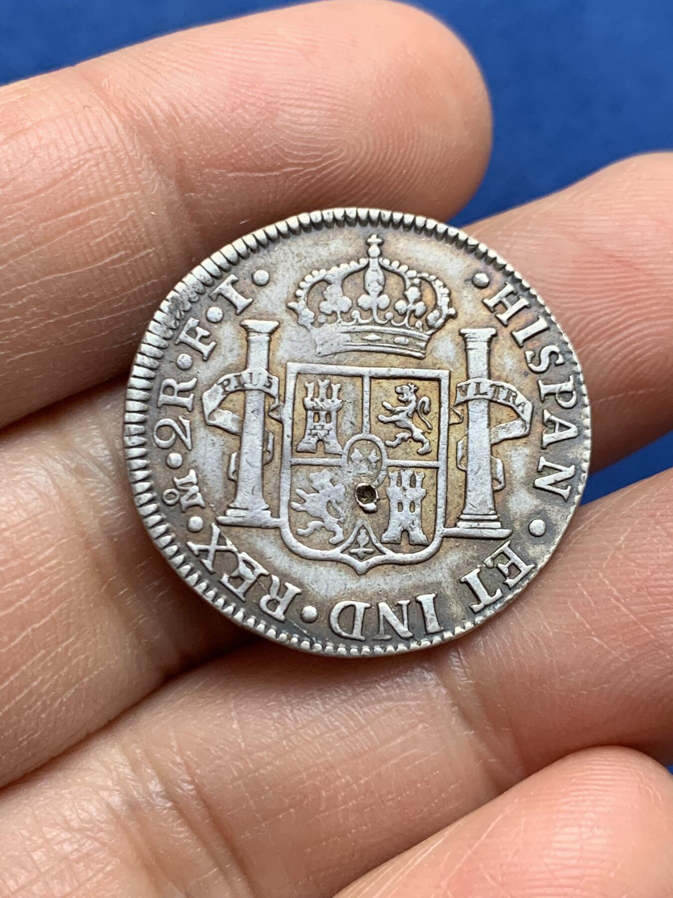 《竞宝斋》第469场 周日，周一 2场连拍 （全场包邮）欢迎送拍 西属墨西哥2里亚尔银币，1803年Mo/FT原状态，背面有个验银戳记，但整体细节非常好，小面值好品少见。