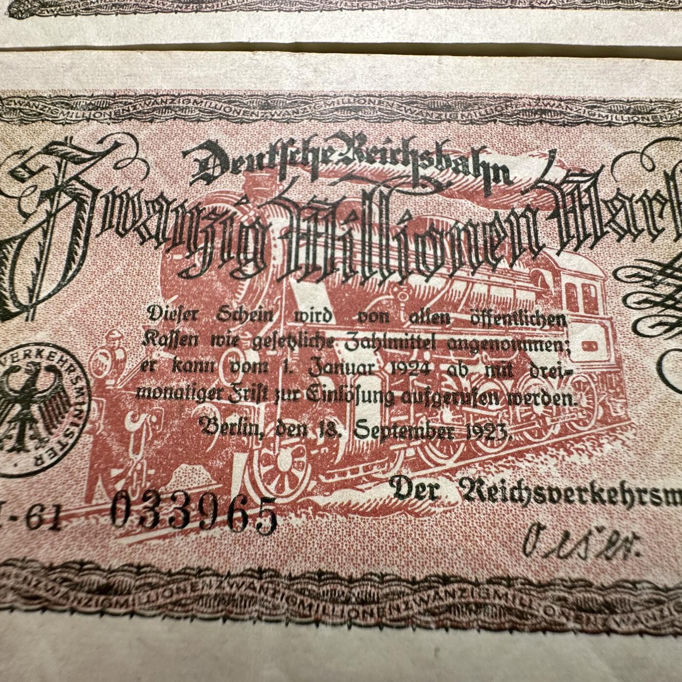 🌹外币初藏🌹🐯2026年第27场   每周二四六晚8️⃣点 接代拍 德国1923年帝国铁路 2000万马克 全新3连号