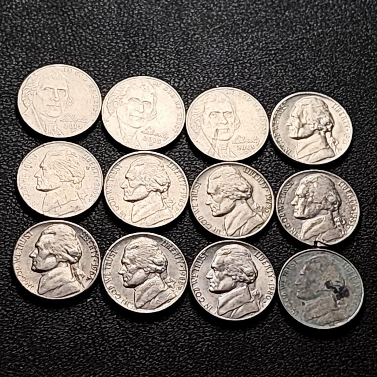 泉币菌-第206场-拍品多 请提前出价 12枚一组 美国 杰斐逊纪念币镍币 混合年份未挑