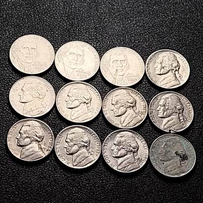 泉币菌-第206场-拍品多 请提前出价 - 12枚一组 美国 杰斐逊纪念币镍币 混合年份未挑