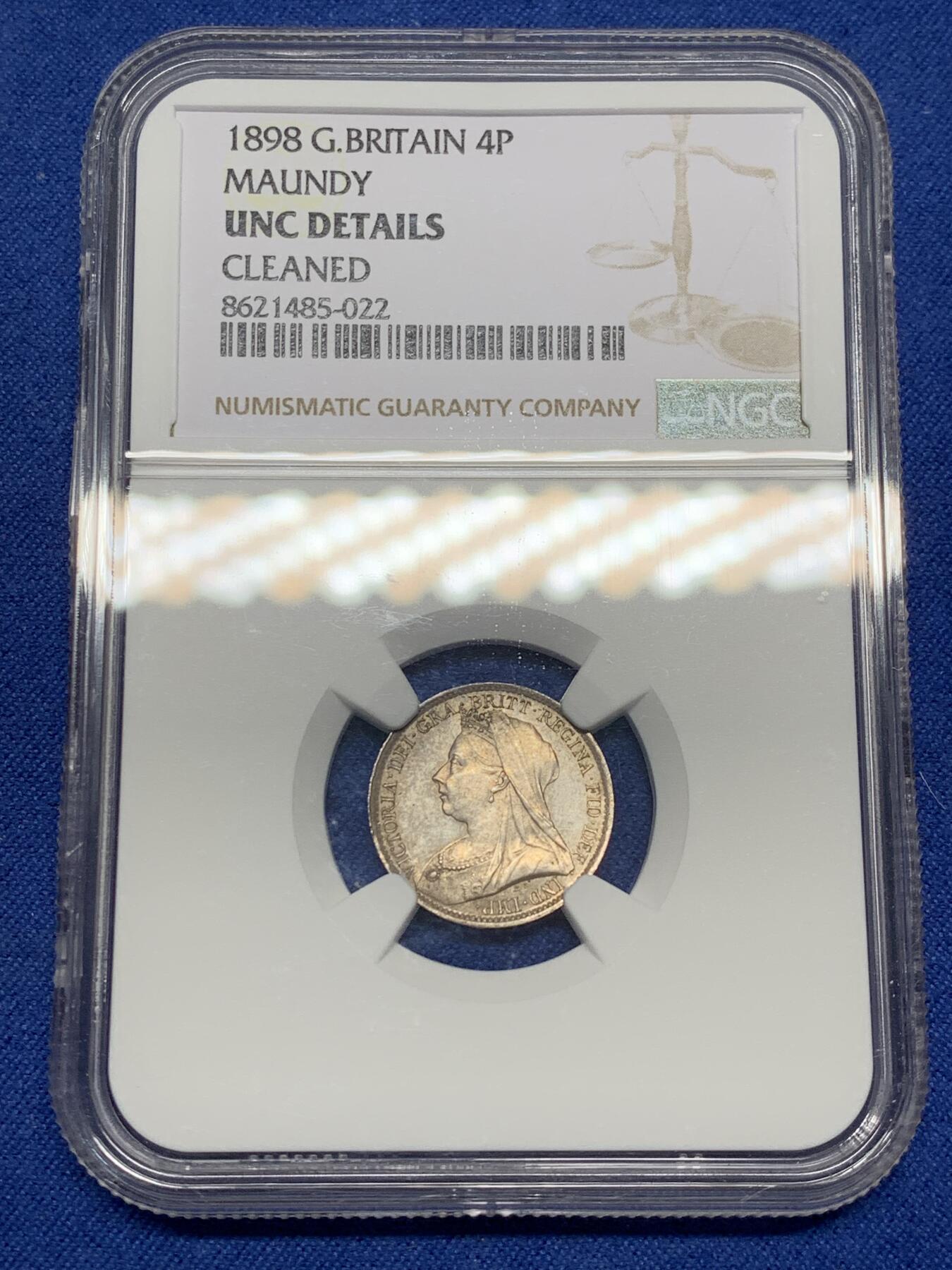 《竞宝斋》第469场 周日，周一 2场连拍 （全场包邮）欢迎送拍 NGC UNCD 英国1898年披纱版维多利亚4便士濯足节银币，细节靓丽，925银，1.89克，发行量仅9147枚