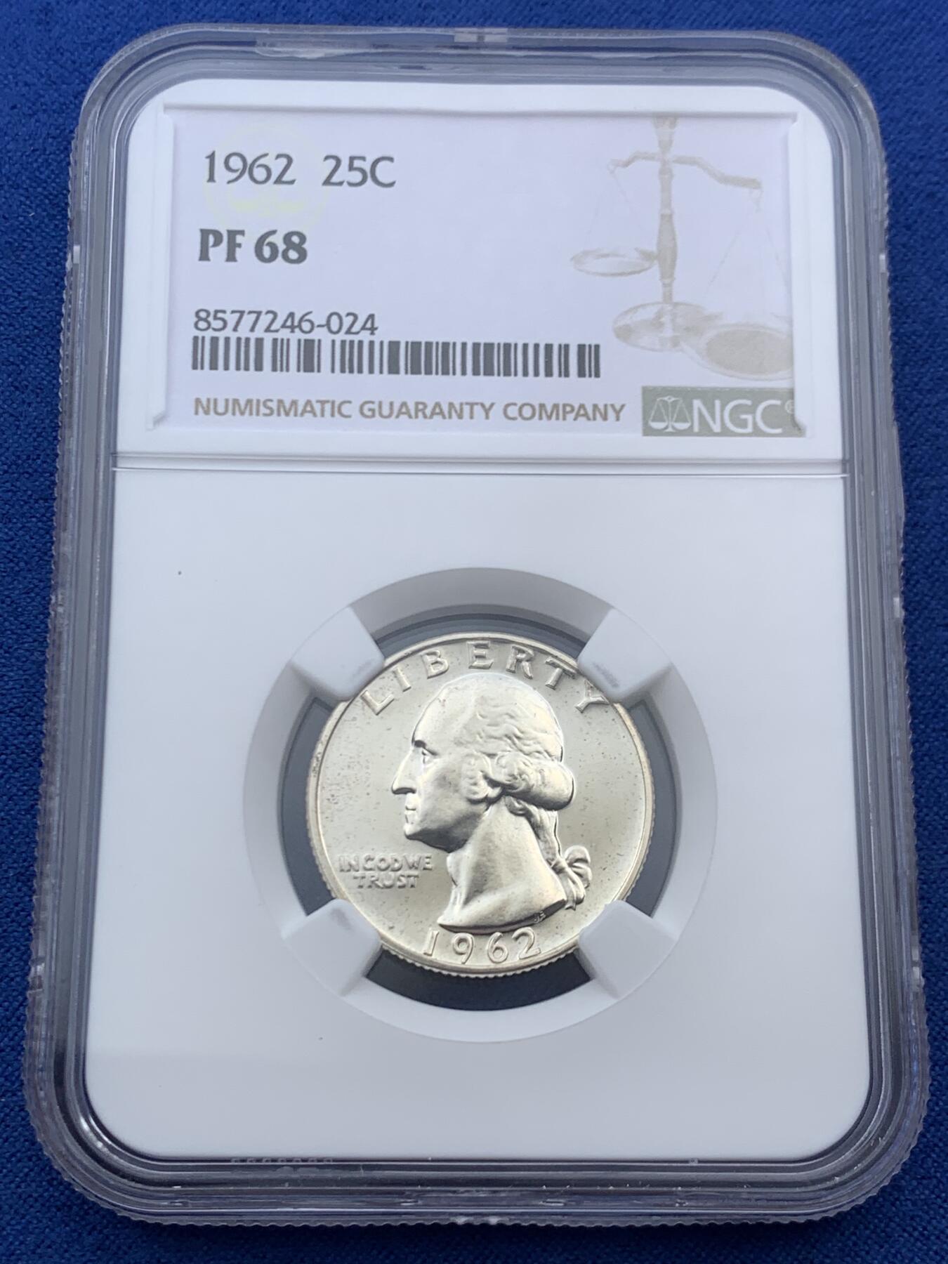 《竞宝斋》第469场 周日，周一 2场连拍 （全场包邮）欢迎送拍 NGC PF68 美国1962年华盛顿25分银币 少见精制版本 较少的年份