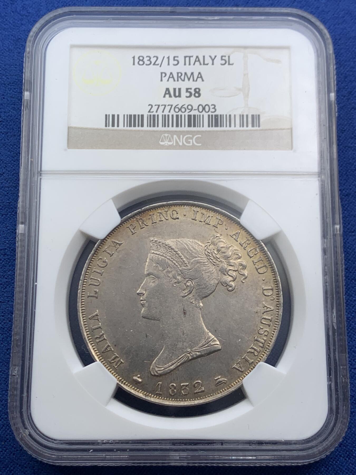 《竞宝斋》第469场 周日，周一 2场连拍 （全场包邮）欢迎送拍 NGC AU58 意大利帕尔马1832/15骑字5里拉大银币，正面为拿破仑皇后、女大公玛丽亚·露易丝，背面公国纹章繁复华丽。底板PL感足，实物观感极佳，不输MS，堪称同分中的战斗机。骑字版尤为稀少，更高仅有7枚。意系法系交汇的名誉品，国际拍卖大热点