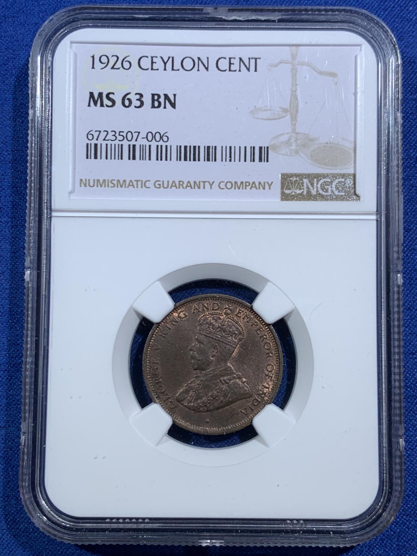 《竞宝斋》第469场 周日，周一 2场连拍 （全场包邮）欢迎送拍 NGC MS63BN 英属锡兰1926年1分铜币，淡铜光，品相极佳