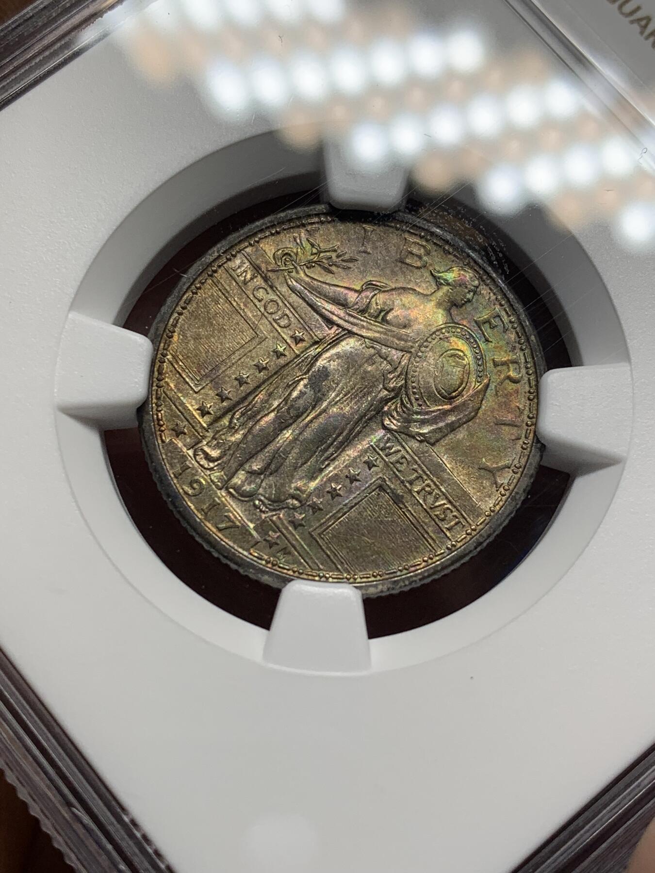 《竞宝斋》第469场 周日，周一 2场连拍 （全场包邮）欢迎送拍 NGC AU53 美国1917年行走女神25美分银币 少见的无胸甲版  币面状态好