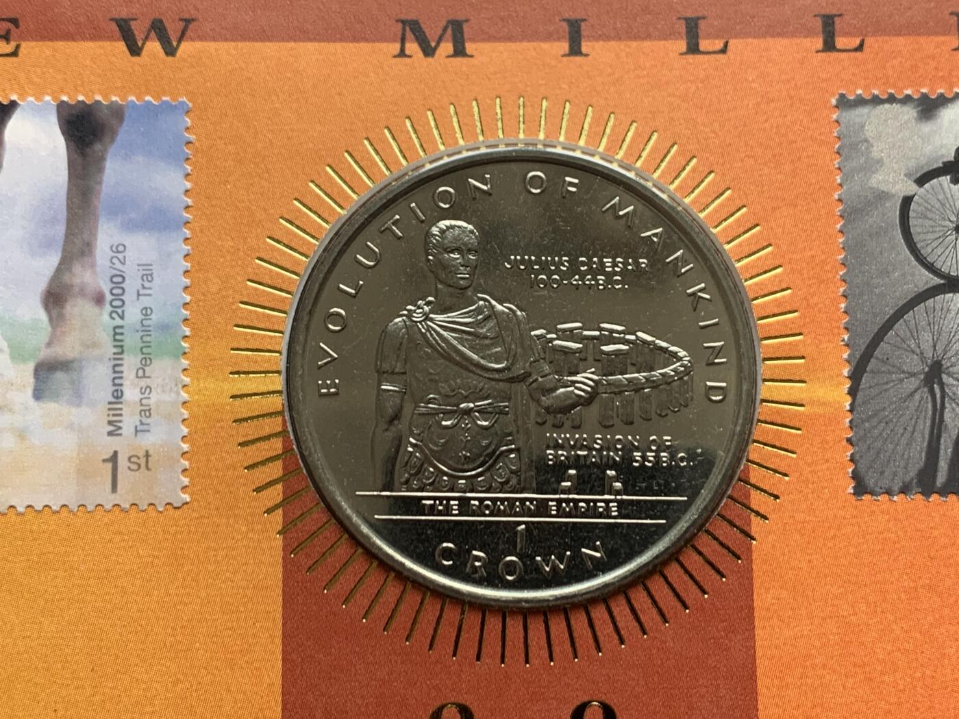 《竞宝斋》第469场 周日，周一 2场连拍 （全场包邮）欢迎送拍 英国马恩岛1997年基督出生2000周年1克朗纪念币，邮币封