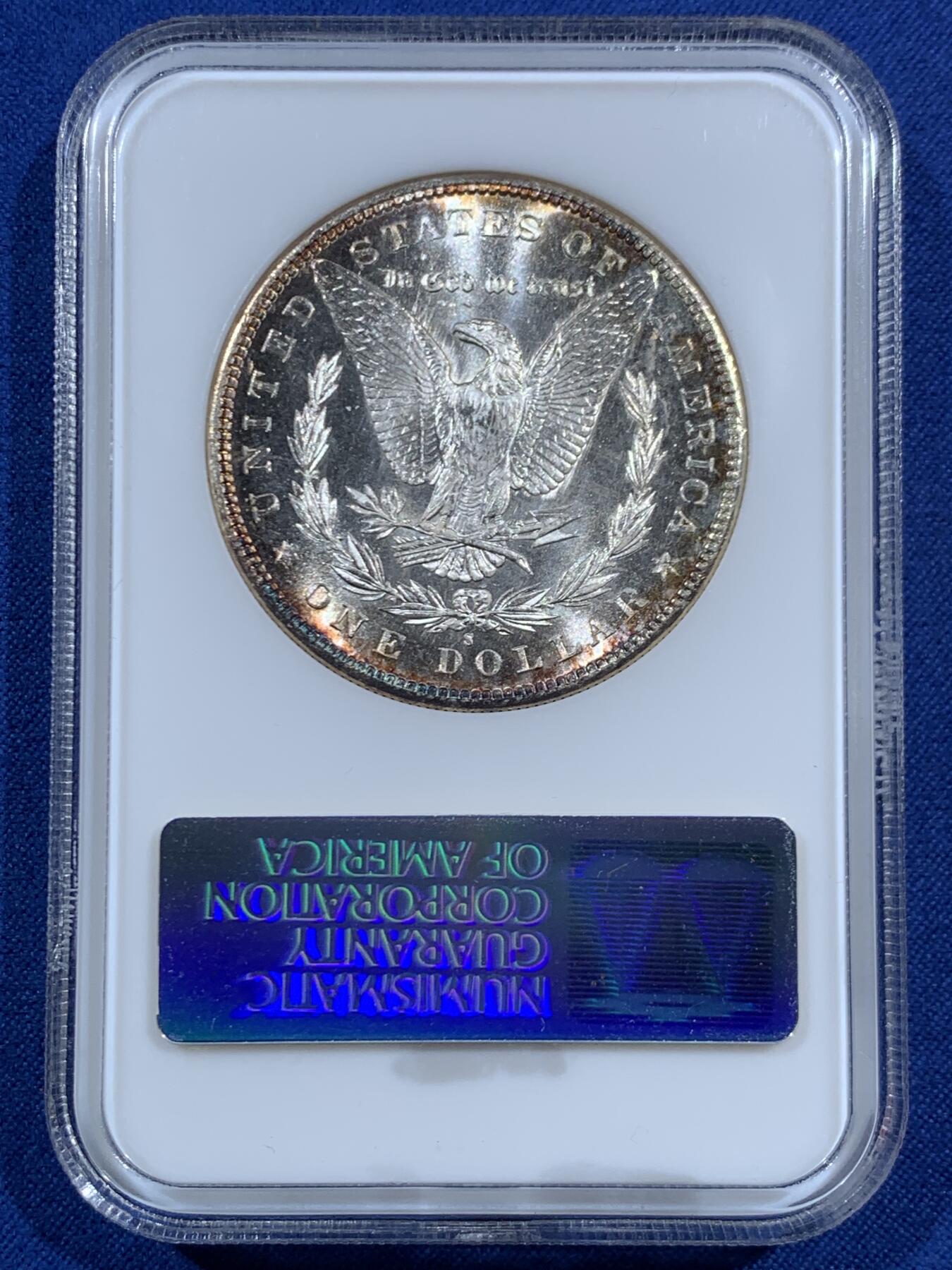 《竞宝斋》第469场 周日，周一 2场连拍 （全场包邮）欢迎送拍 NGC MS65PL 美国1880s摩根银币 ngc老盒子 镜面感十足，胜过大部分pl摩根，转光丝滑，两面边缘黄油彩实属难得，老盒溢价＋超强镜面观感