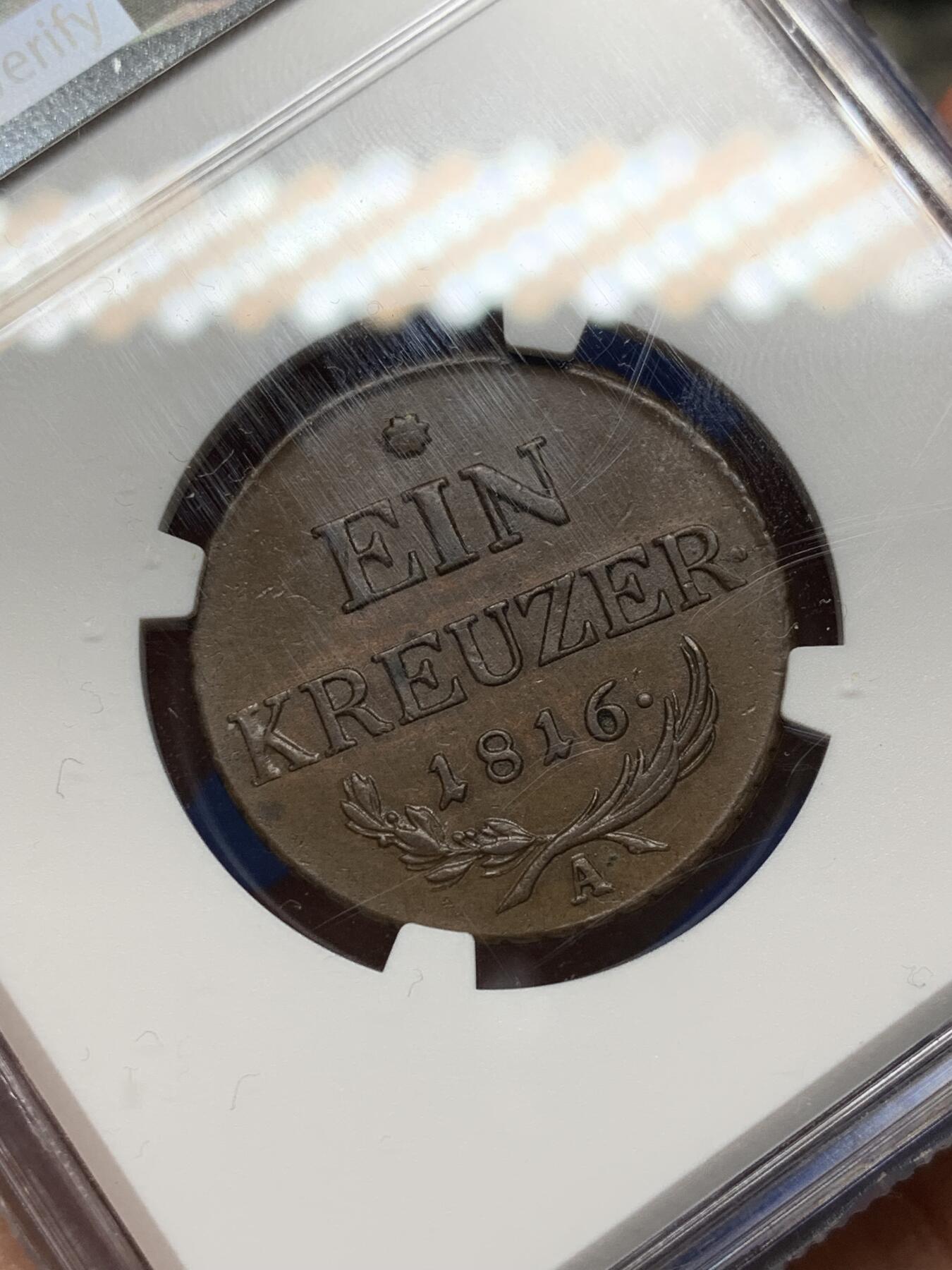 《竞宝斋》第469场 周日，周一 2场连拍 （全场包邮）欢迎送拍 NGC AU58BN   奥地利 1816年 1克鲁泽 铜币 好品细节