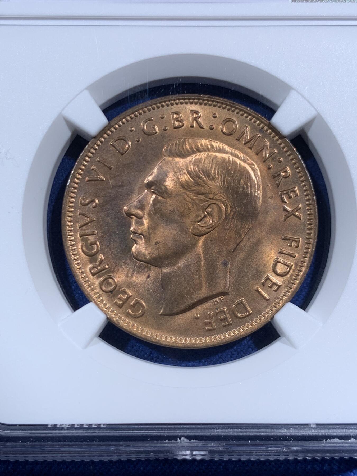 《竞宝斋》第469场 周日，周一 2场连拍 （全场包邮）欢迎送拍 NGC MS64RB 1950M版澳大利亚袋鼠1便士铜币，乔六版MS64分不多见，袋鼠漂亮！