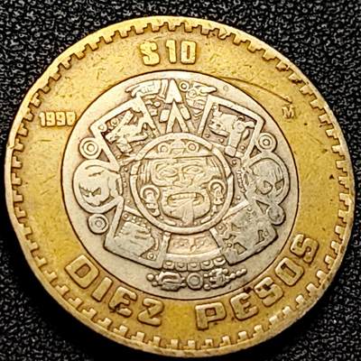 泉币菌-第206场-拍品多 请提前出价 墨西哥1998年10比索双色币 玛雅太阳神面具   28mm 