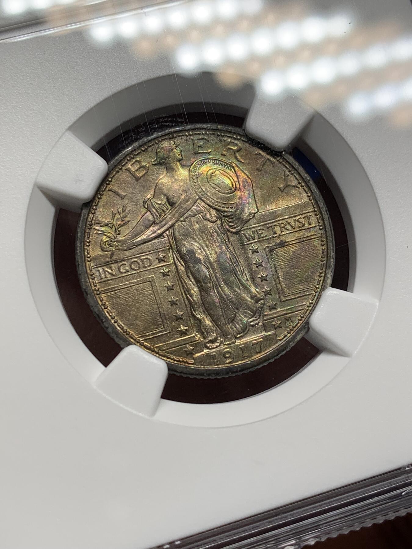 《竞宝斋》第469场 周日，周一 2场连拍 （全场包邮）欢迎送拍 NGC AU53 美国1917年行走女神25美分银币 少见的无胸甲版  币面状态好