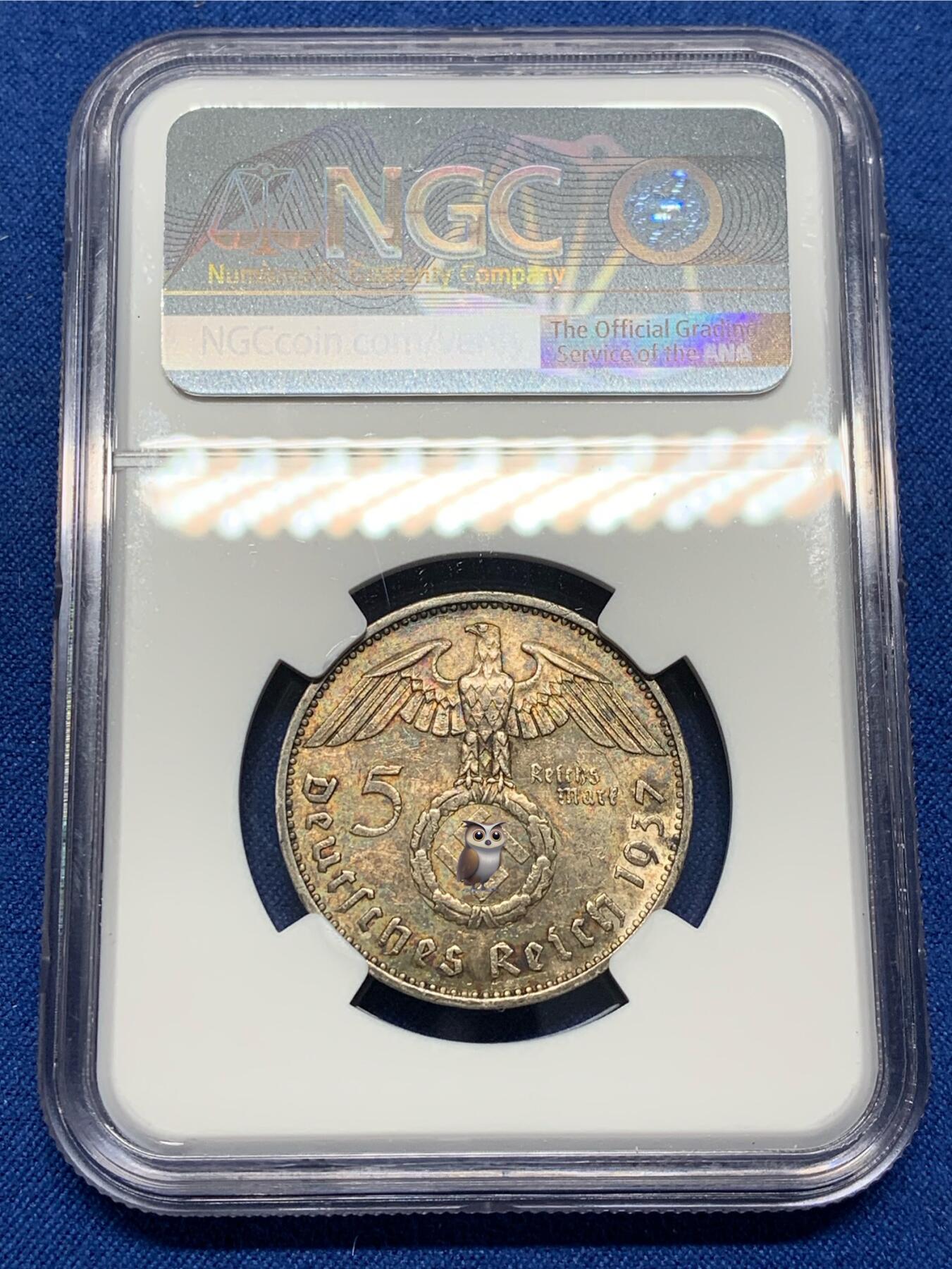 《竞宝斋》第469场 周日，周一 2场连拍 （全场包邮）欢迎送拍 NGC MS61 德国兴登堡1937E带风车5马克银币，热门品种，五彩包浆状态好，尤其背面包浆极美