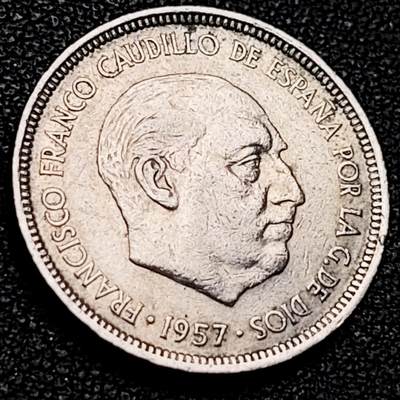 泉币菌-第206场-拍品多 请提前出价 1957年 西班牙5比塞塔 直径23mm 弗朗哥鹰徽 