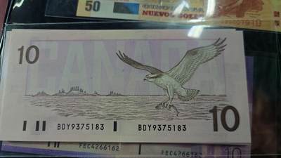 世界钱币～微拍第238期暨2026年第19期  部分尾货整理陆续低价起拍清仓 - 1989年加拿大10元鸟版 全新绝品无4尾号183