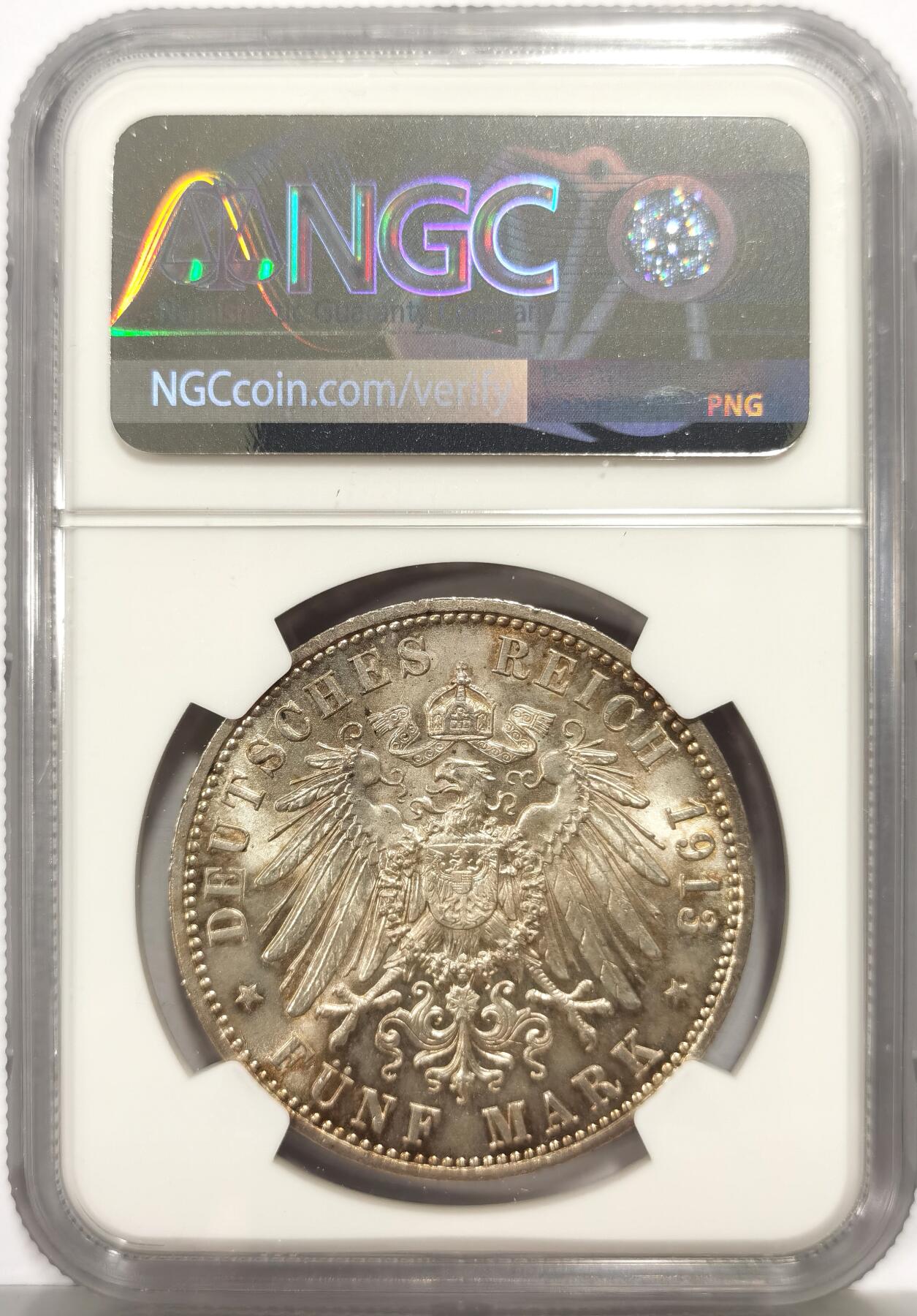 博洋堂世界钱币拍卖第164期（全场包邮） NGC MS62 德国普鲁士1913年威廉二世军装5马克银币