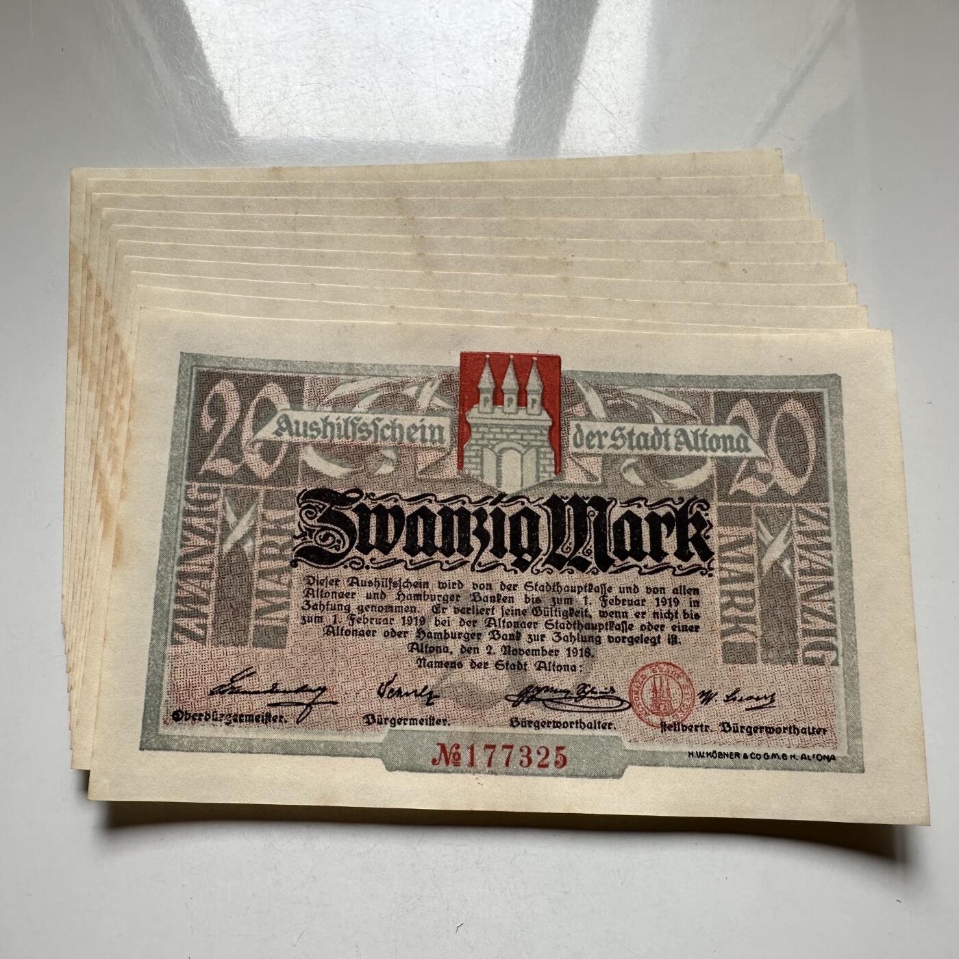 🌹外币初藏🌹🐯2026年第27场   每周二四六晚8️⃣点 接代拍 德国1918年阿尔托纳市 20马克紧急纸币 全新10连号 豹子号