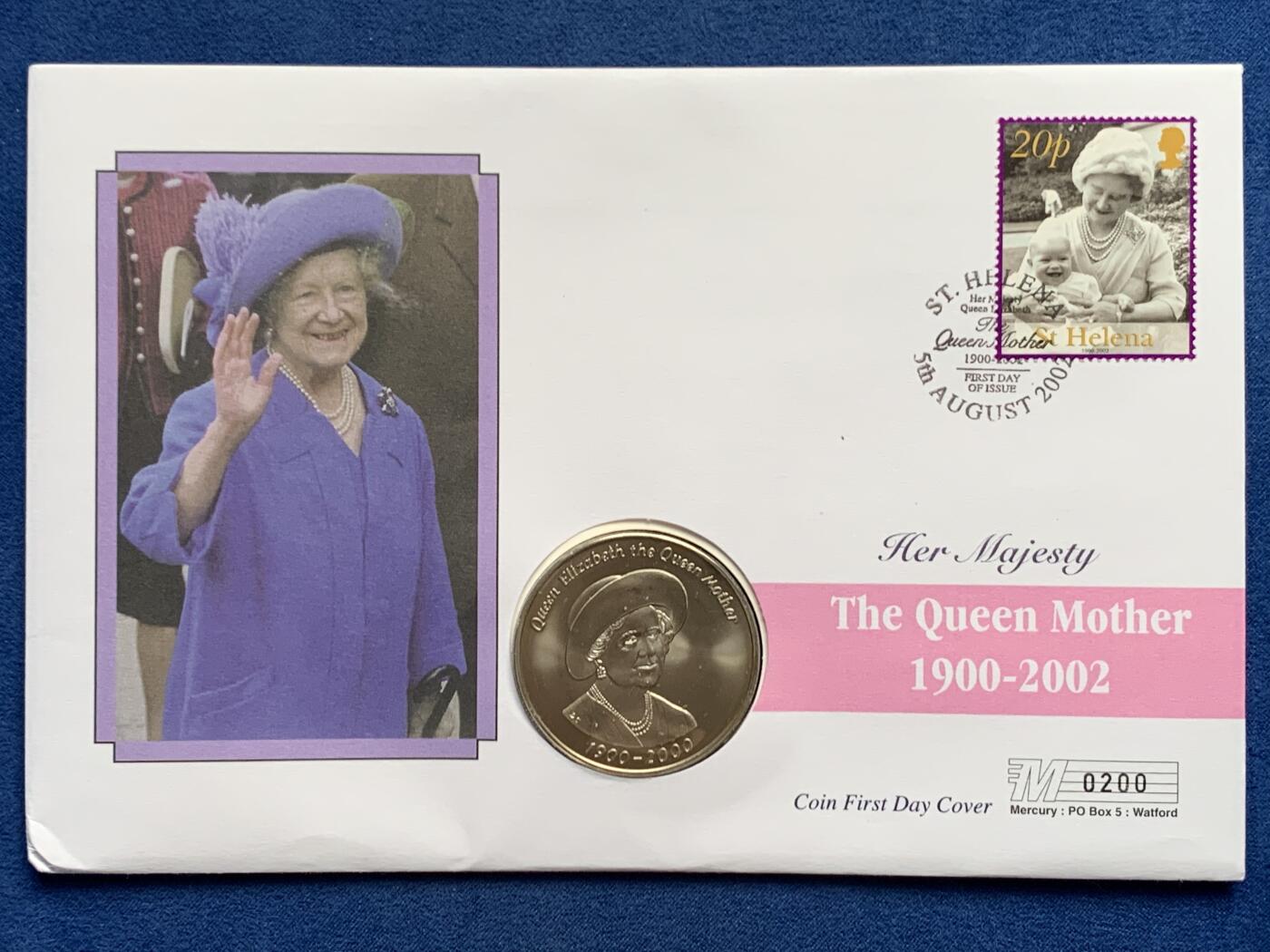 《竞宝斋》第469场 周日，周一 2场连拍 （全场包邮）欢迎送拍 英属特里斯坦-达库尼亚群岛2000年女王母亲100周岁50便士纪念币，邮币首日封编号0200