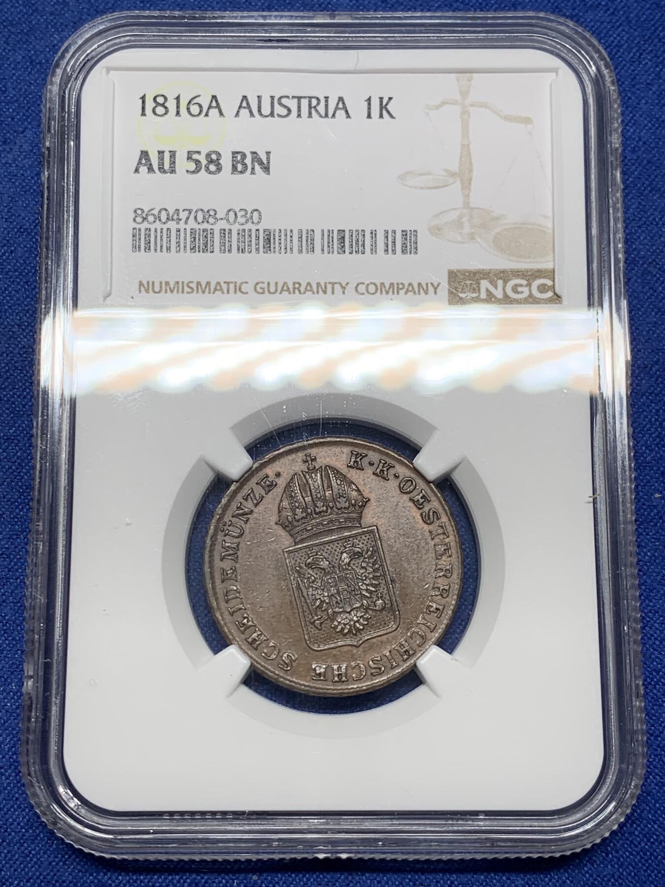 《竞宝斋》第469场 周日，周一 2场连拍 （全场包邮）欢迎送拍 NGC AU58BN   奥地利 1816年 1克鲁泽 铜币 好品细节