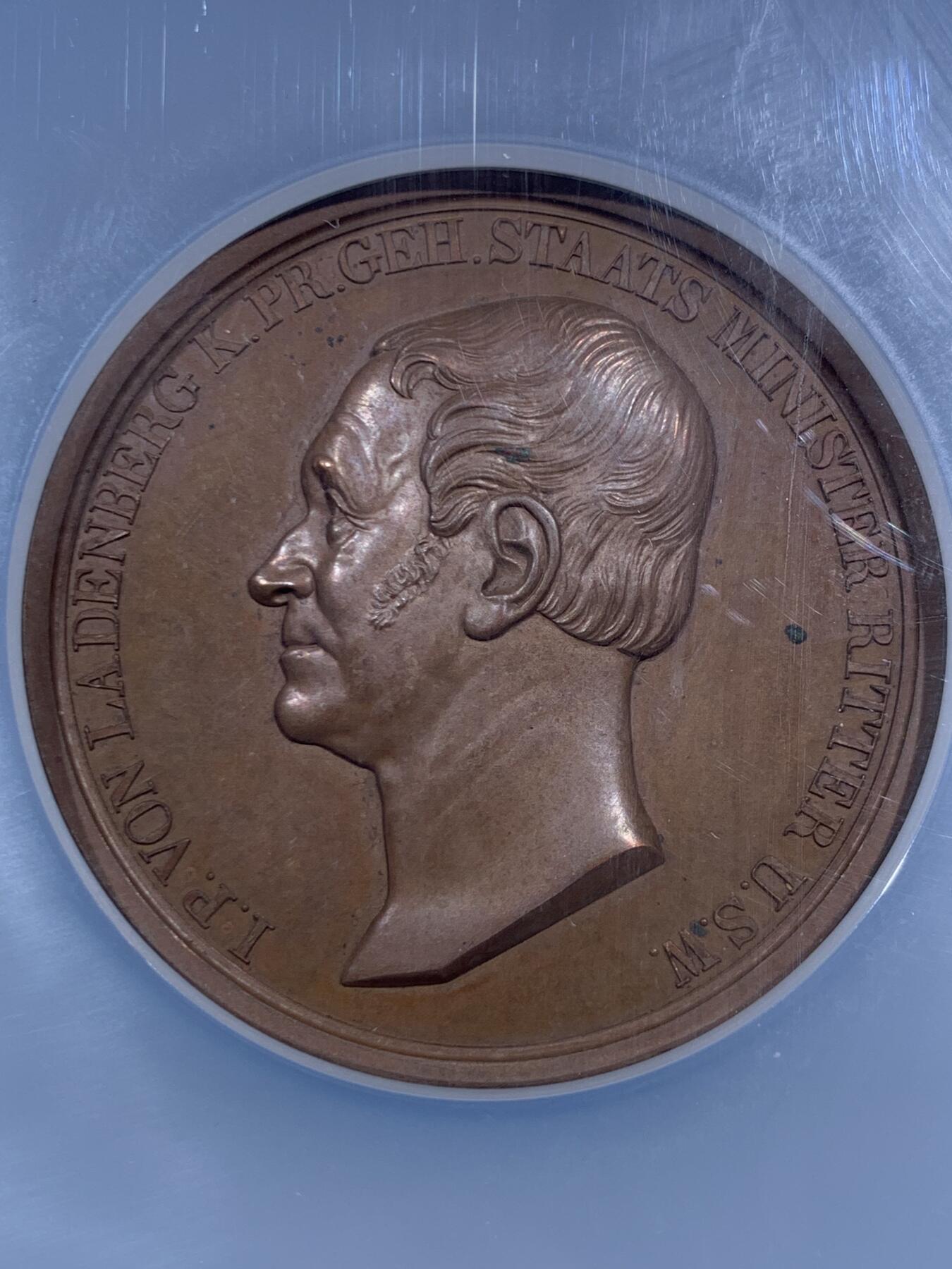 《竞宝斋》第469场 周日，周一 2场连拍 （全场包邮）欢迎送拍 NGC MS63BN 普鲁士1839枢密院大臣冯.兰登伯格纪念铜章 加大加厚盒